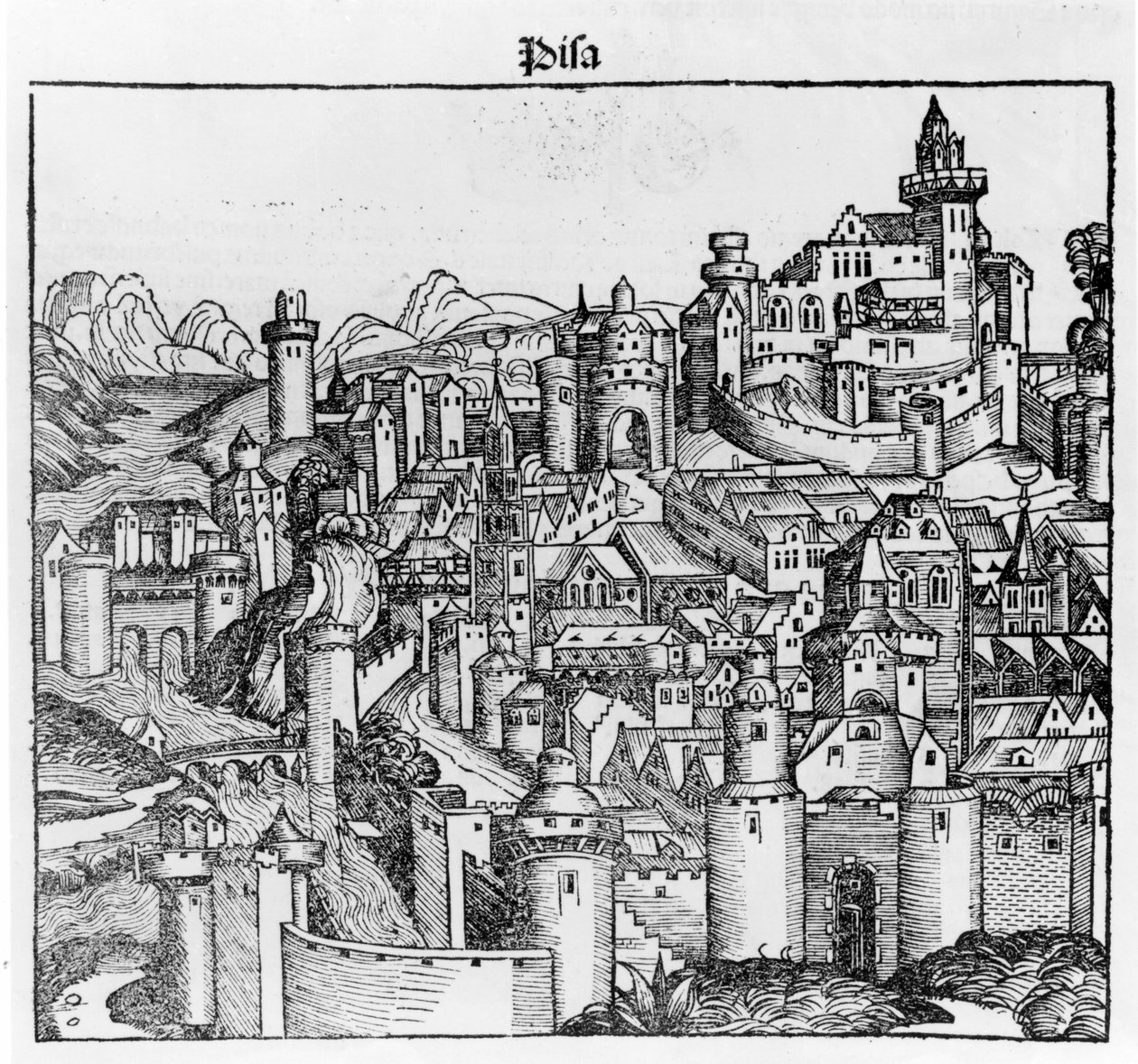 Pisa na "Liber Chronicarum" door Hartmann Schedel. Neurenberg 1493 door Hartmann Schedel