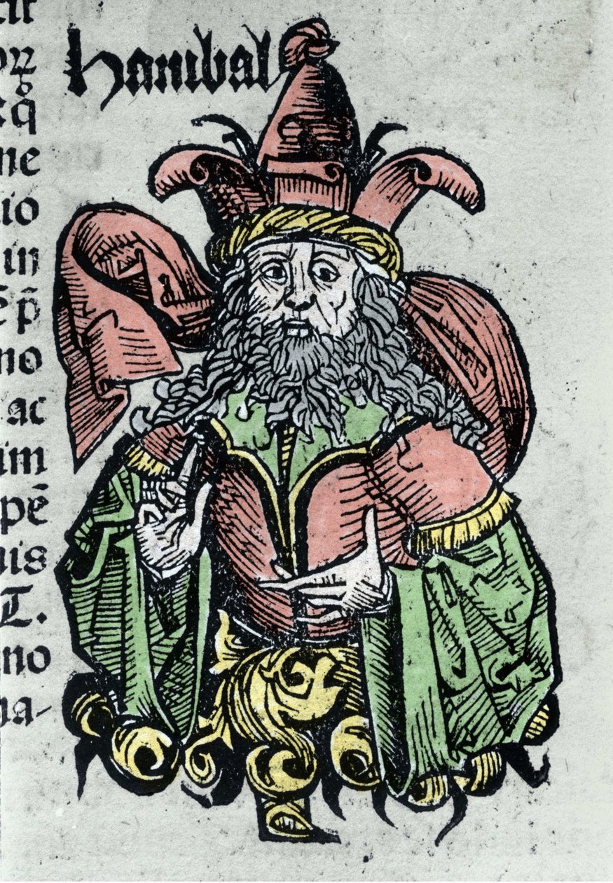 Portret van Hannibal of Annibal Barca, Carthaagse generaal en staatsman. Houtsnede uit 