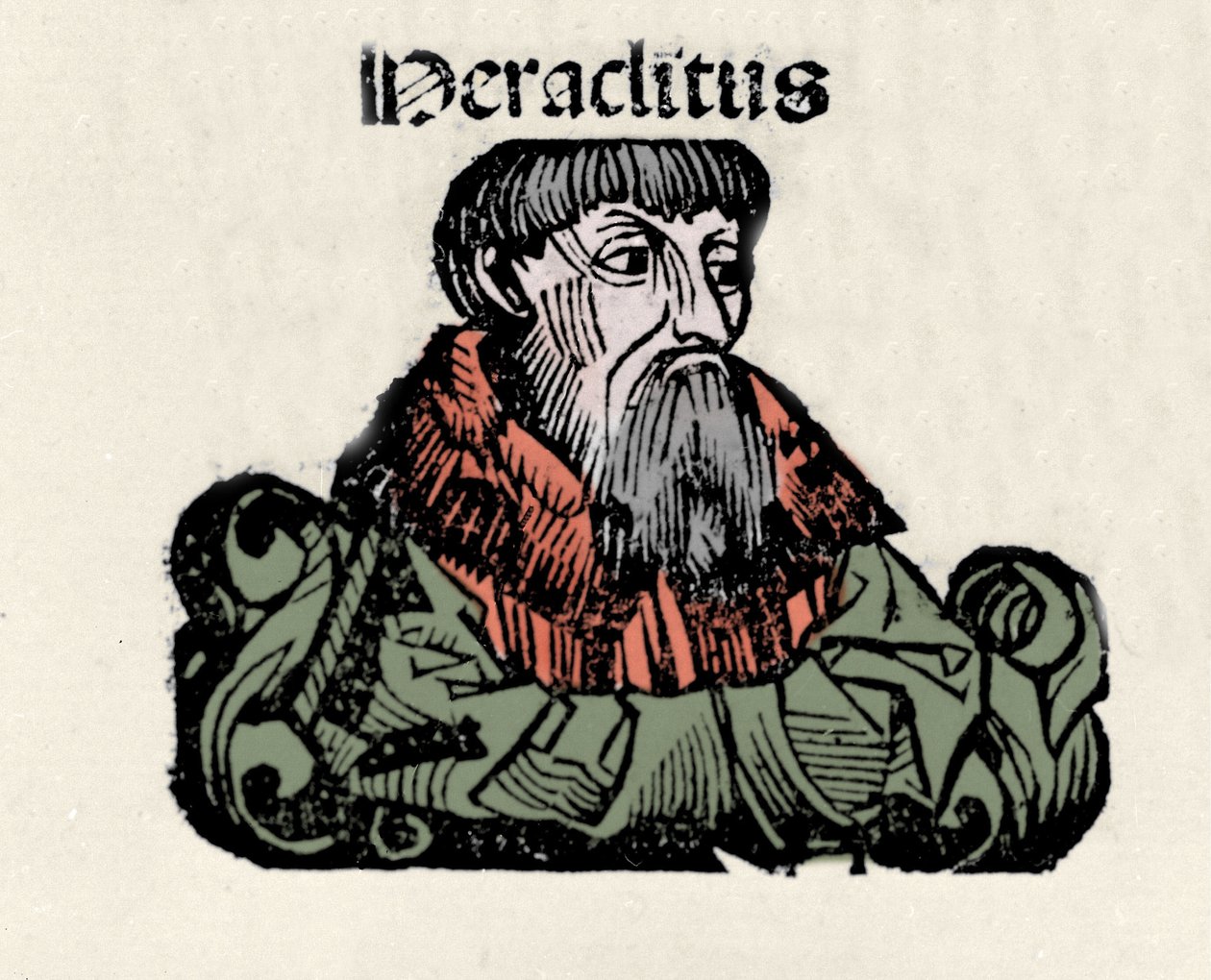 Portret van de Griekse filosoof Heraclitus van Efeze (576-480 v.Chr.). Houtsnede uit 