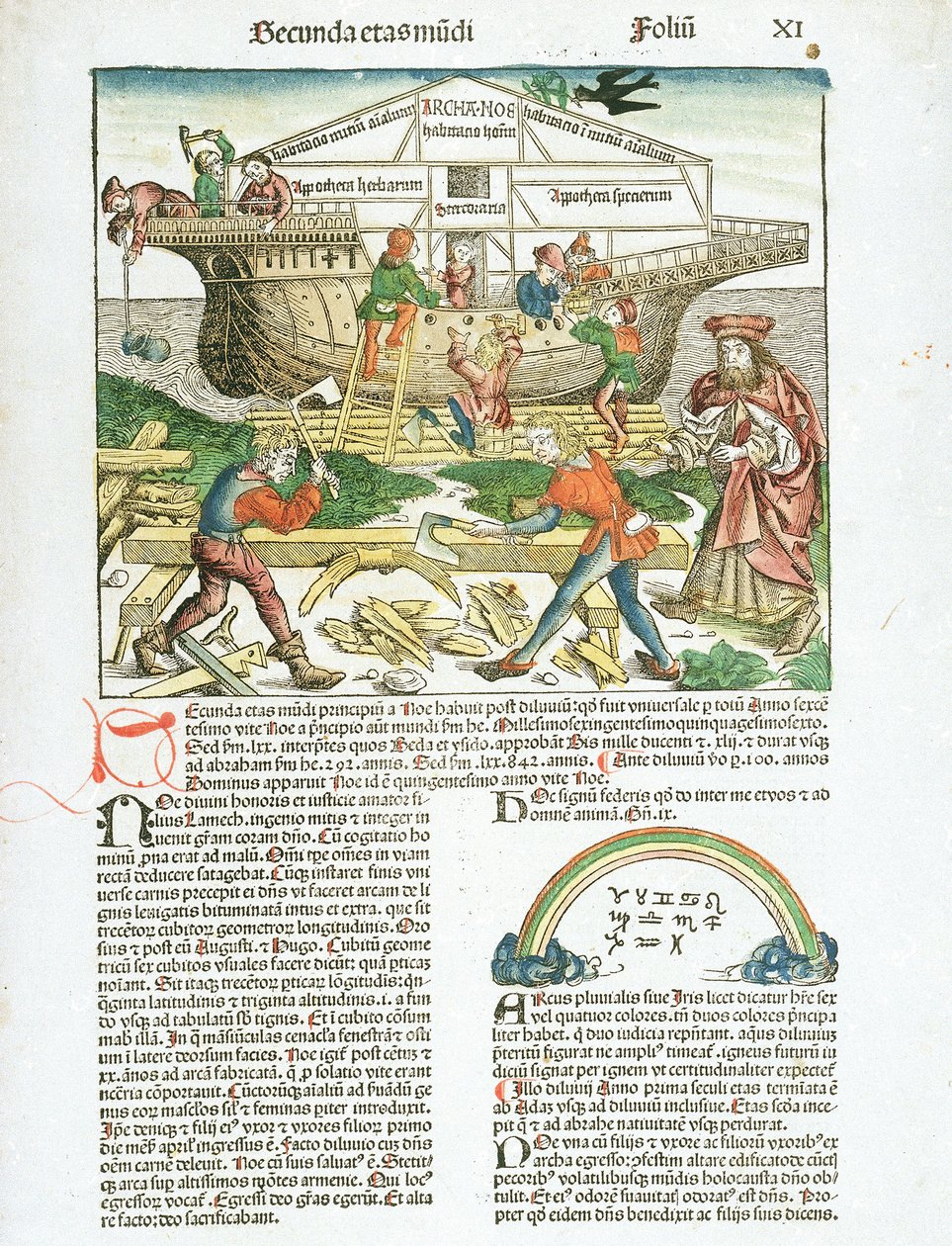 De bouw van de ark van Noach, beschrijving van de activiteiten van scheepsbouwers door Hartmann Schedel