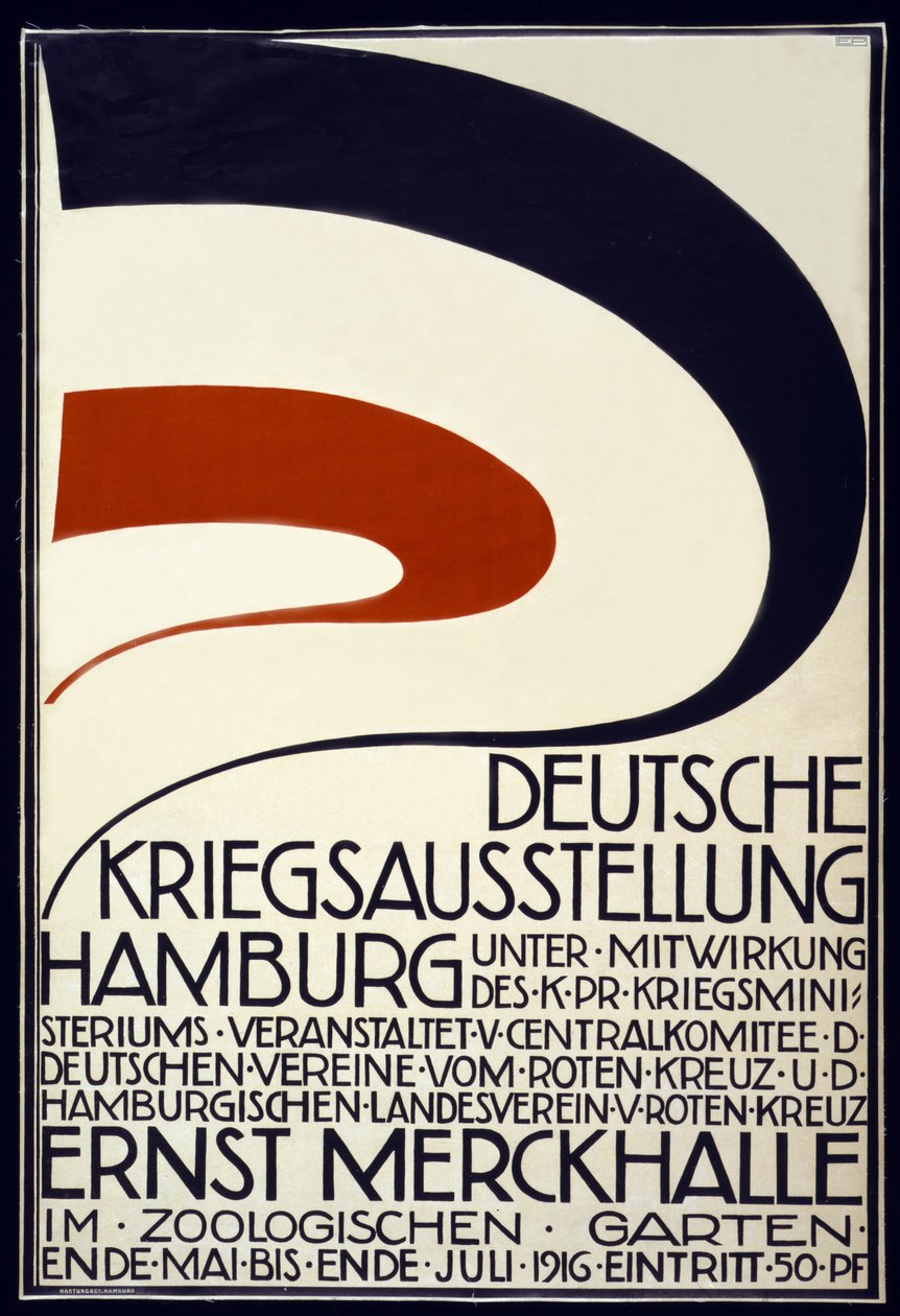 Poster die een oorlogstentoonstelling sponsort door het Rode Kruis Deutsche Kriegsausstellung, Hamburg mei - juli 1916, 1916 door Hartung and Co.
