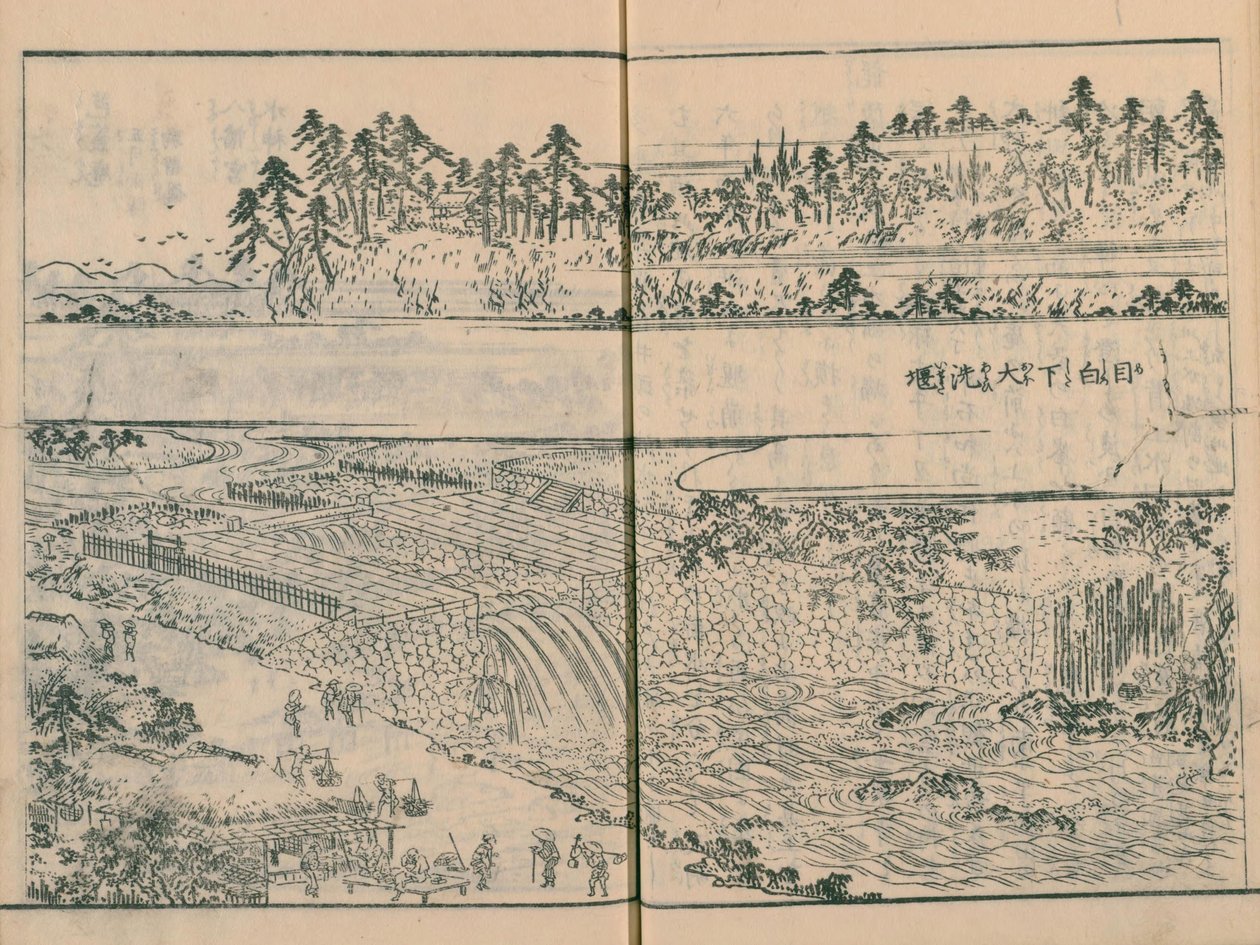 Dam op de Kanda-rivier bij Mejiro-shita (Sekiguchi) in Edo Meisho Zue vol. 4 (boek 12) door Hasegawa Settan