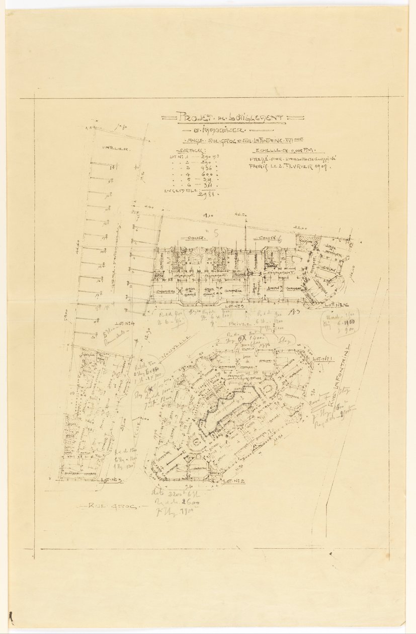 Plan, Project de Lotillement, rue Gros en rue de la Fontaine, Parijs door Hector Guimard