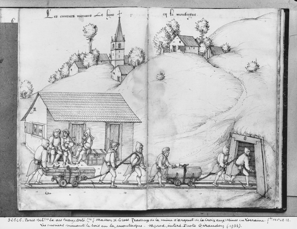 Zilvermijn van La Croix-aux-Mines, Lorraine, fol.11v en fol.12r, mijnwerkers brengen hout in de mijn, c.1530 door Heinrich Gross or Groff