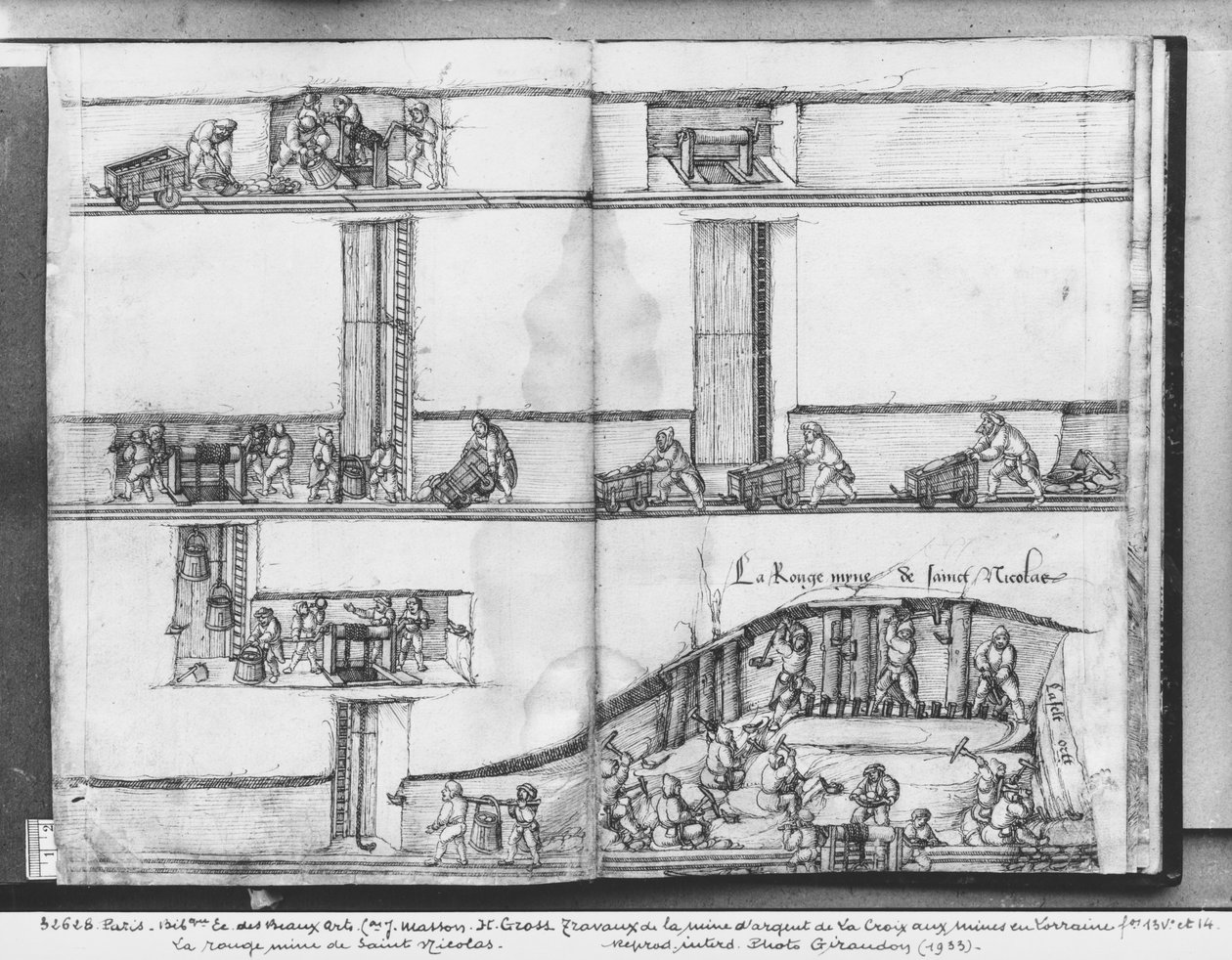Zilvermijn van La Croix-aux-Mines, Lorraine, fol.13v en fol 14r, de rode mijn van St. Nicholas, ca.1530 door Heinrich Gross or Groff