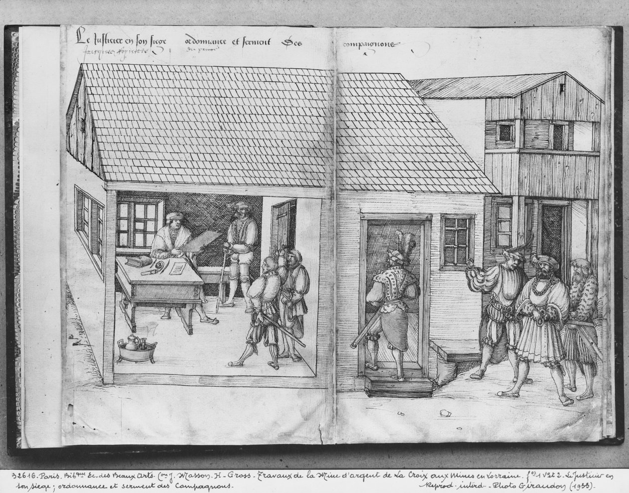 Zilvermijn van La Croix-aux-Mines, Lorraine, fol.1v en fol.2, de rechter van de mijnen, edict en eed van de metgezellen, c.1530 door Heinrich Gross or Groff