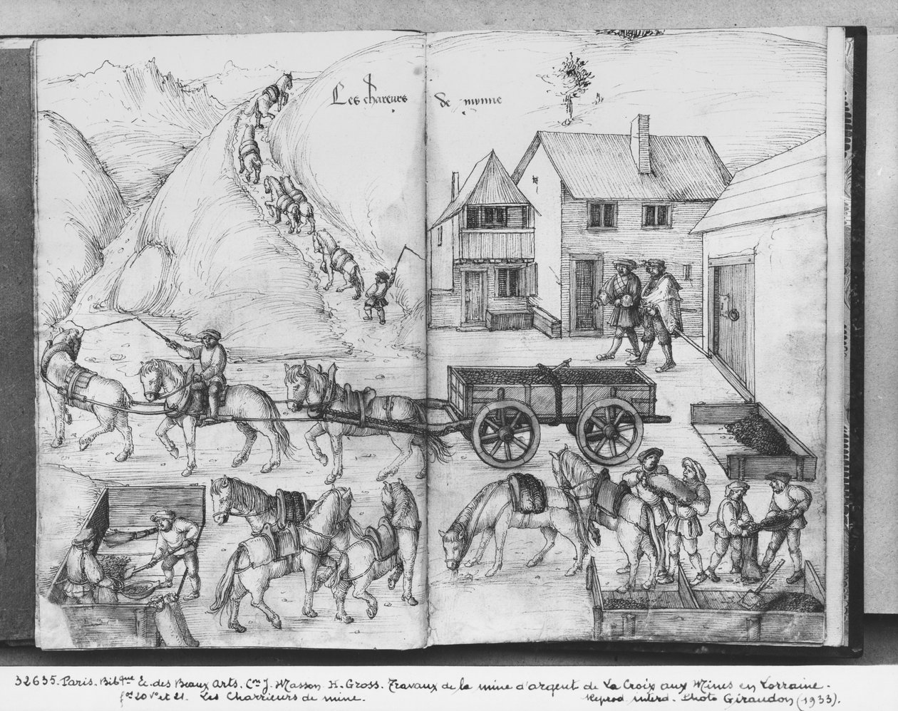 Zilvermijn van La Croix-aux-Mines, Lorraine, fol.20v en fol.21r, transport van het erts, c.1530 door Heinrich Gross or Groff