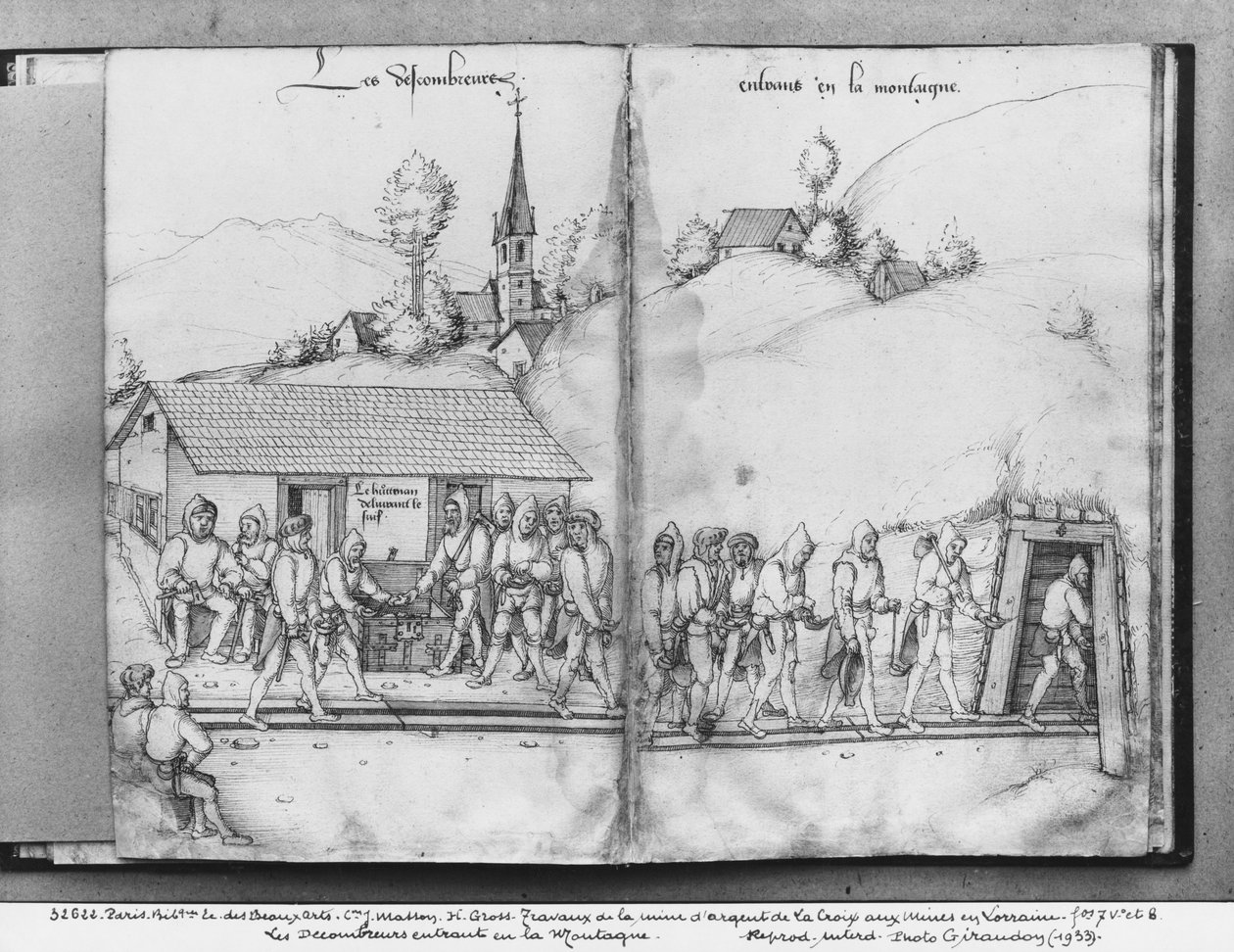Zilvermijn van La Croix-aux-Mines, Lorraine, fol.7v en fol.8r, verzamelaars die de mijn betreden, ca. 1530 door Heinrich Gross or Groff