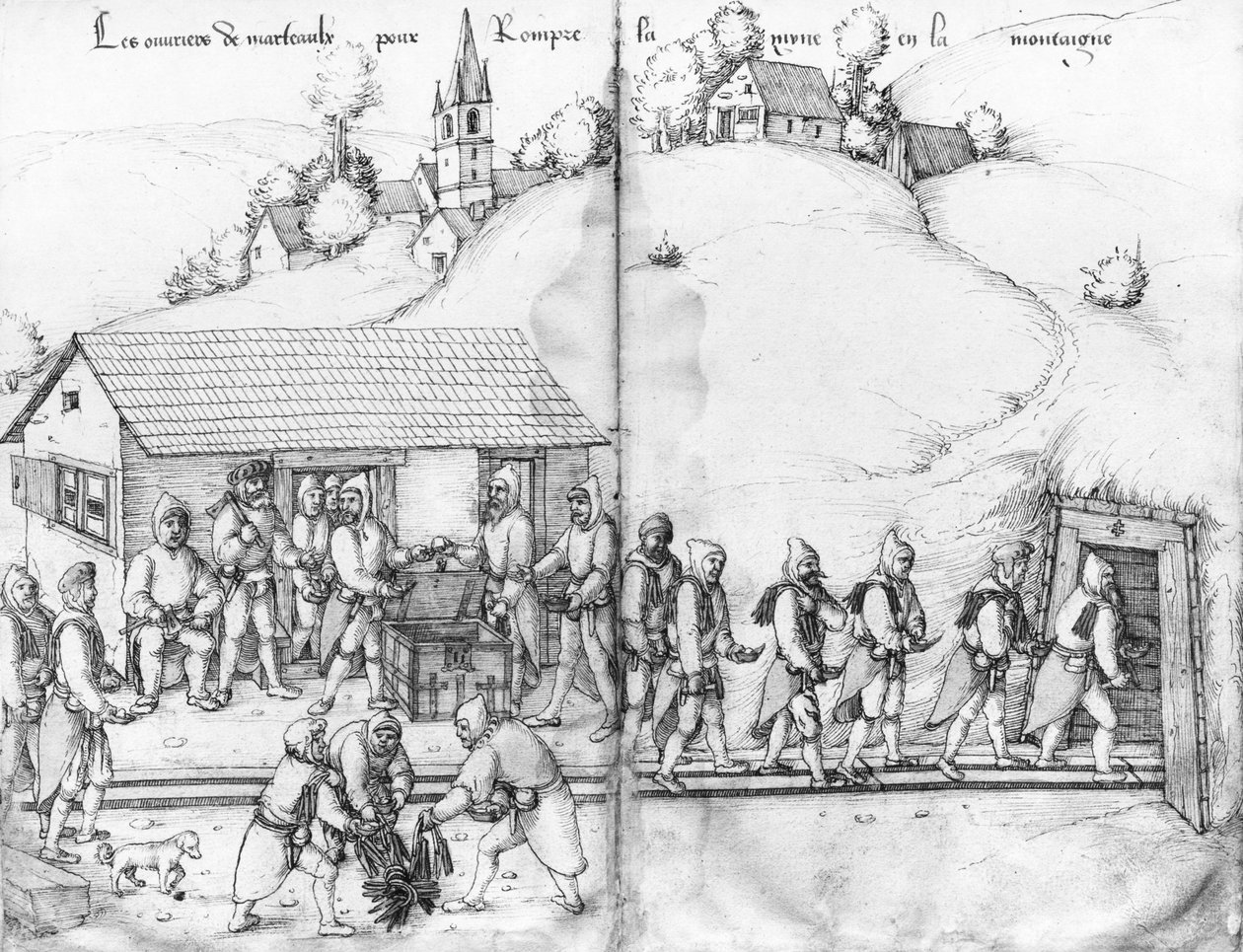 Zilvermijn van La Croix-aux-Mines, Lorraine, fol.9v en fol.10r, mijnwerkers en hun hamers, c.1530 door Heinrich Gross or Groff