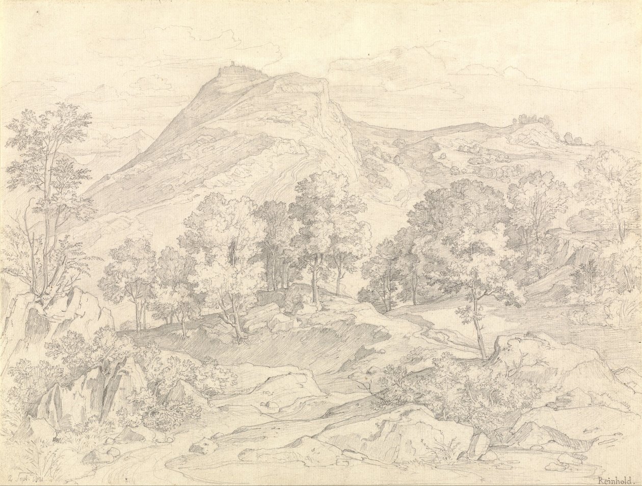 Een uitzicht op Civitella vanaf de Serpentara naast Olevano door Heinrich Reinhold