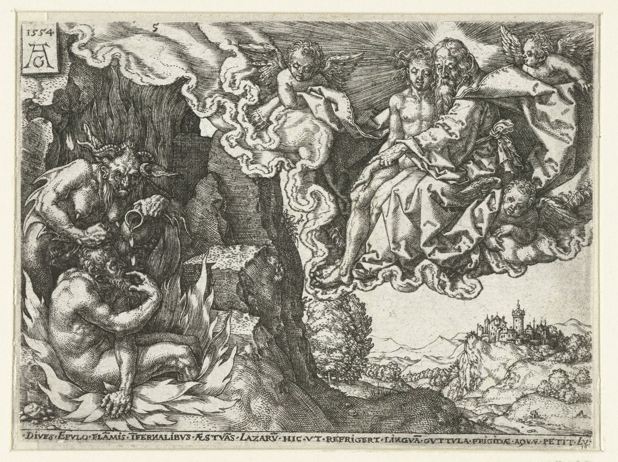 De rijke man in de hel ziet Abraham met Lazarus door Heinrich Aldegrever