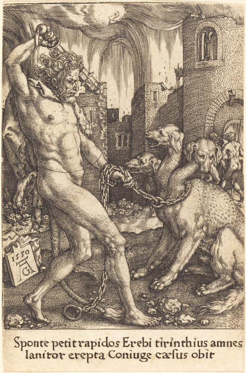 Hercules en Cerberus, 1550 door Heinrich Aldegrever