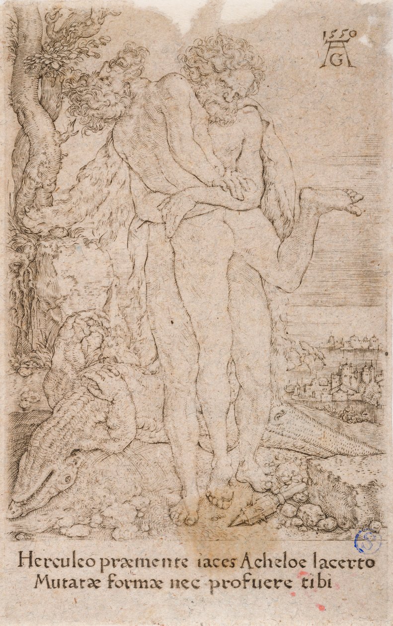 Hercules in gevecht met de riviergod Achelous, uit de serie:  De werken van Hercules (7) door Heinrich Aldegrever