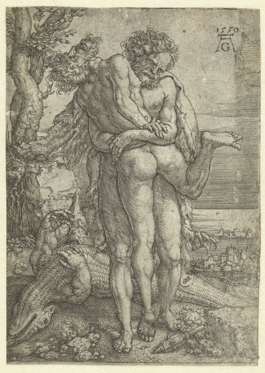 Hercules vecht tegen riviergod Achelus door Heinrich Aldegrever