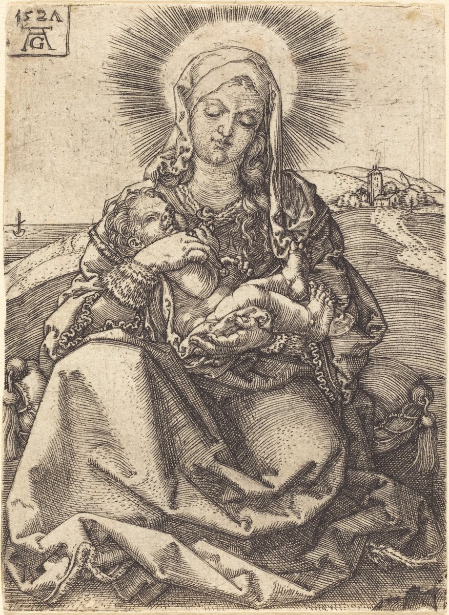 Madonna in een landschap zittend op een kussen, 1527 door Heinrich Aldegrever