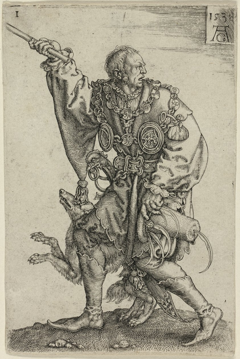 Ceremoniemeester met een hond, plaat één uit de Grote Bruiloftsdansers door Heinrich Aldegrever