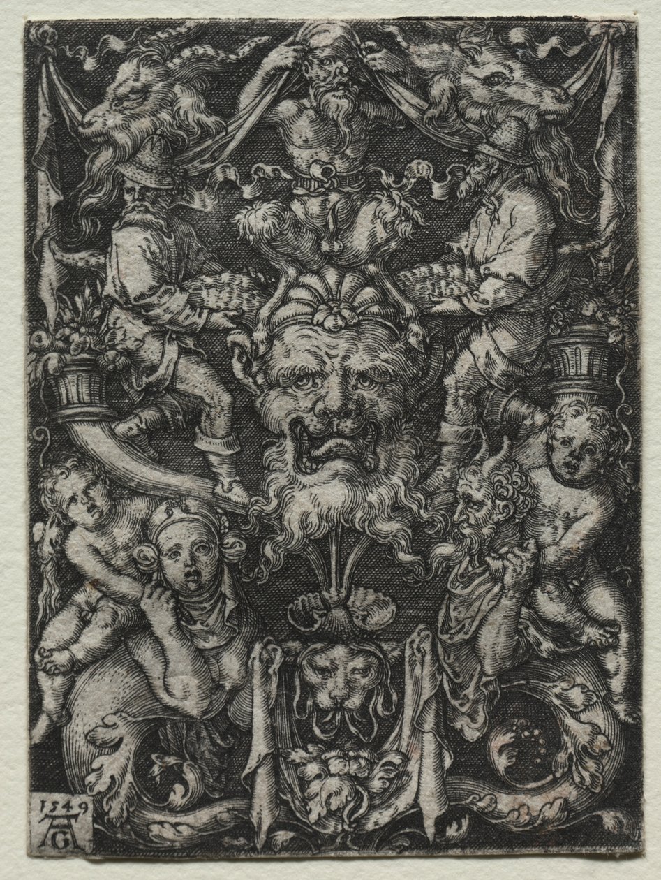 Ornamentontwerp met een masker, een paar tritons en twee kinderen hieronder door Heinrich Aldegrever