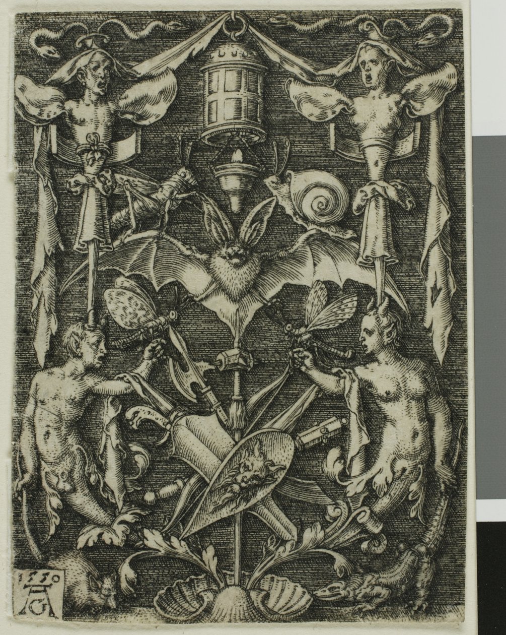 Ornamentaal ontwerp met een vleermuis in het midden door Heinrich Aldegrever