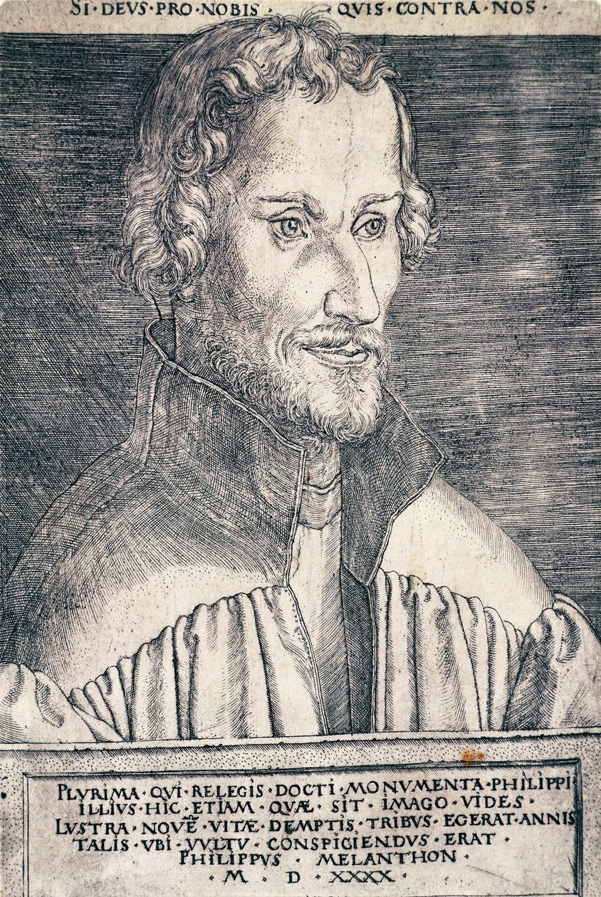 Portret van Philip Melanchthon of Philipp Schwarzerd (1497-1560), Duitse humanist en theoloog, gravure door Heinrich Aldegrever (1502-ca 1561) door Heinrich Aldegrever