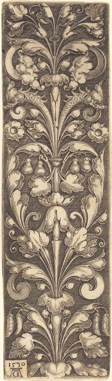 Tak van decoratief loof met twee maskers en twee dolfijnen, 1530 door Heinrich Aldegrever