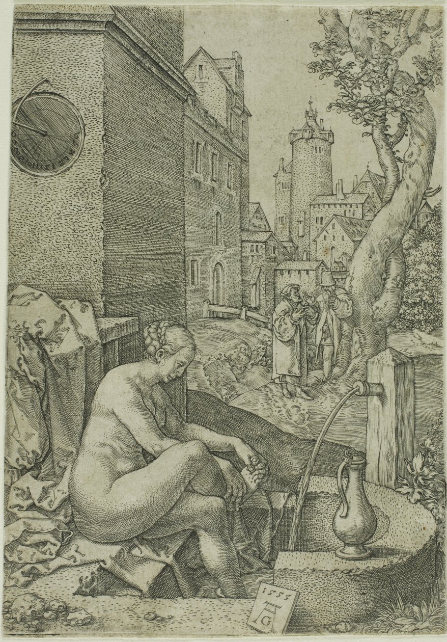 Susanna verrast door de ouderen, uit Het verhaal van Susanna door Heinrich Aldegrever