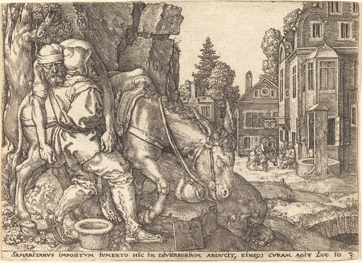 De Barmhartige Samaritaan die de Reiziger op een Muilezel Plaatst door Heinrich Aldegrever