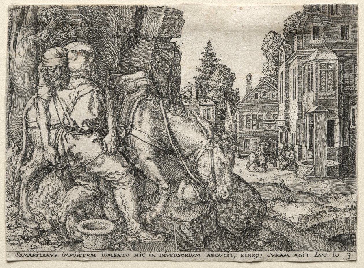 De Parabel van de Barmhartige Samaritaan: De Barmhartige Samaritaan Zet de Reiziger op Zijn Ezel door Heinrich Aldegrever
