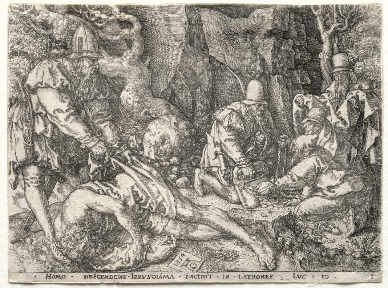 De Parabel van de Barmhartige Samaritaan: De Rovers Aanvallen de Reizigers door Heinrich Aldegrever