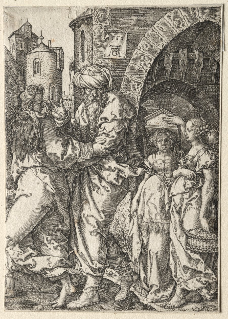 Het Verhaal van Lot: Lot en Zijn Familie Vluchten uit Sodom, 1555 door Heinrich Aldegrever
