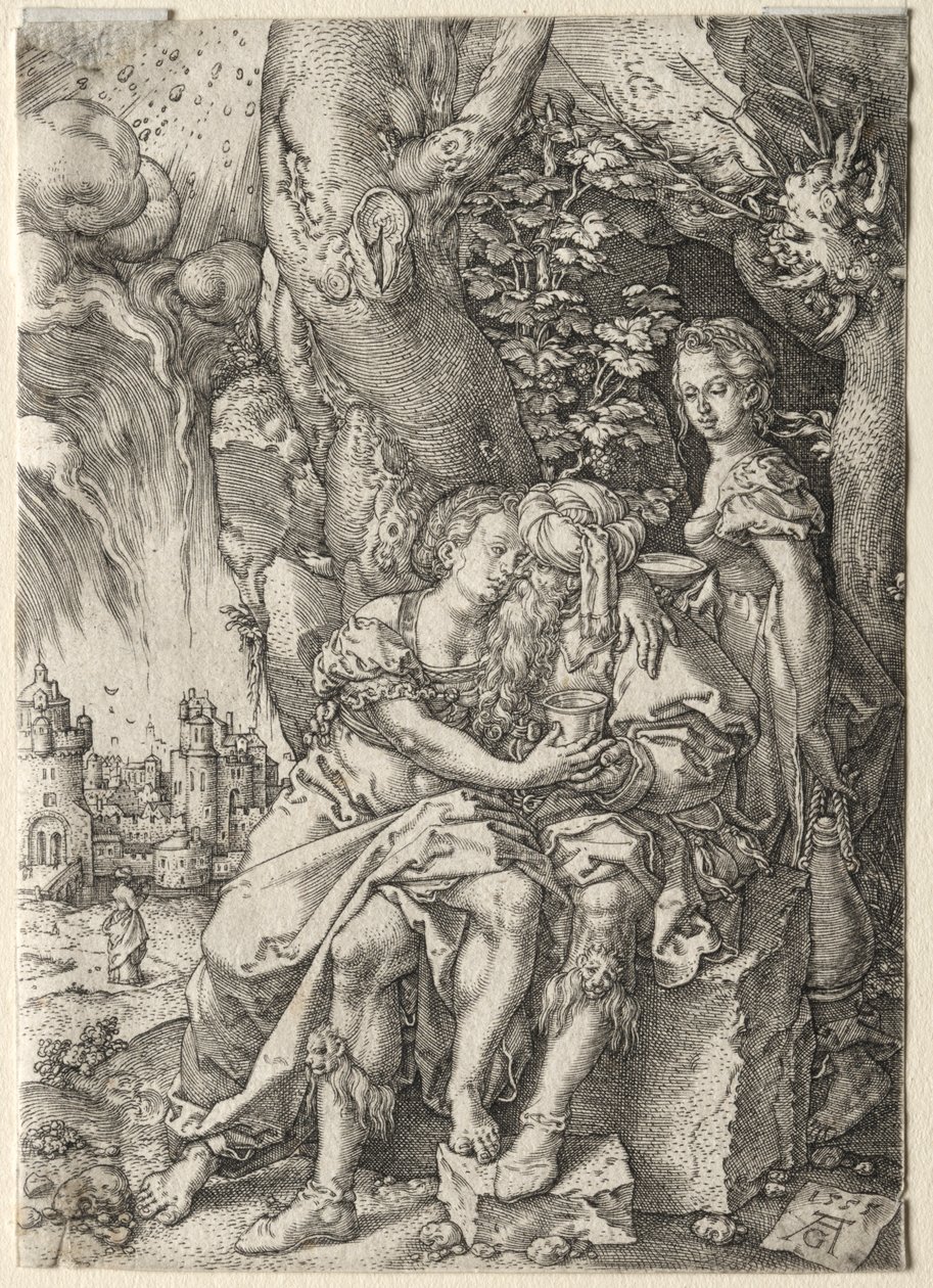 Het verhaal van Lot: Lot met zijn dochters, 1555 door Heinrich Aldegrever