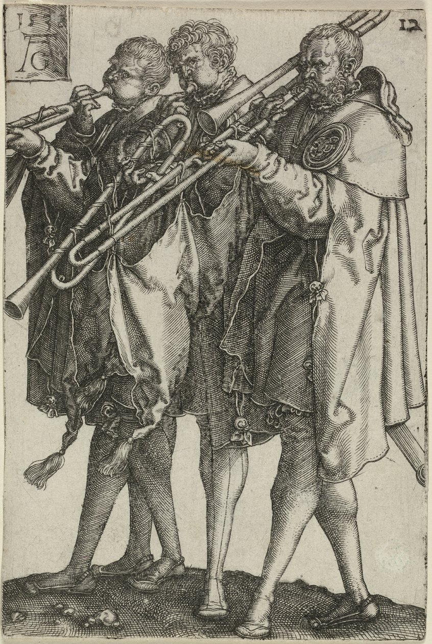 Drie trombonisten, plaat twaalf uit De grote bruiloftsdansers door Heinrich Aldegrever