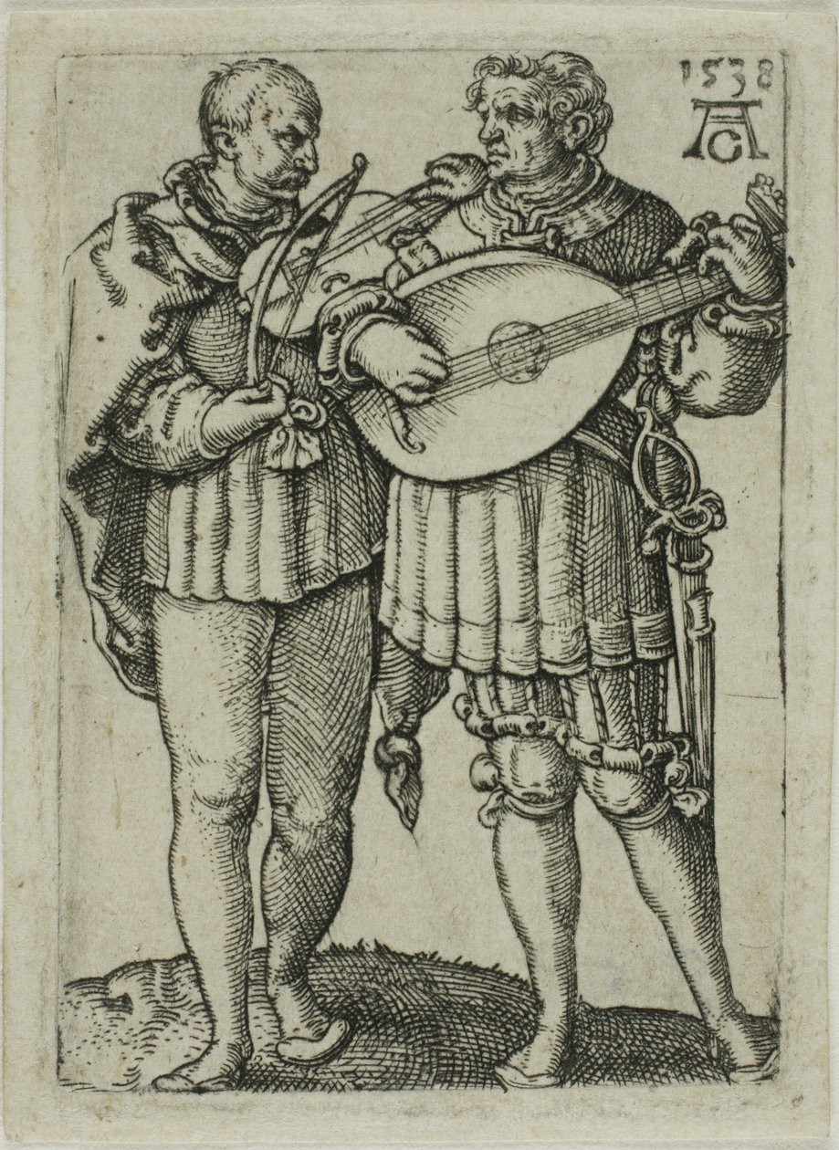Twee muzikanten die viool en luit spelen, plaat één uit de Kleine bruiloftsdansers door Heinrich Aldegrever