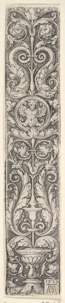Verticaal paneel met een kandelaar met een medaillon met een centaur en een paar dolfijnen, 1529 door Heinrich Aldegrever