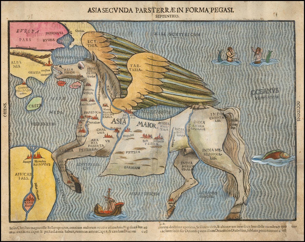 Ca. 1581 picturale kaart door Heinrich Bünting, met afbeelding van Azië als Pegasus door Heinrich Bünting
