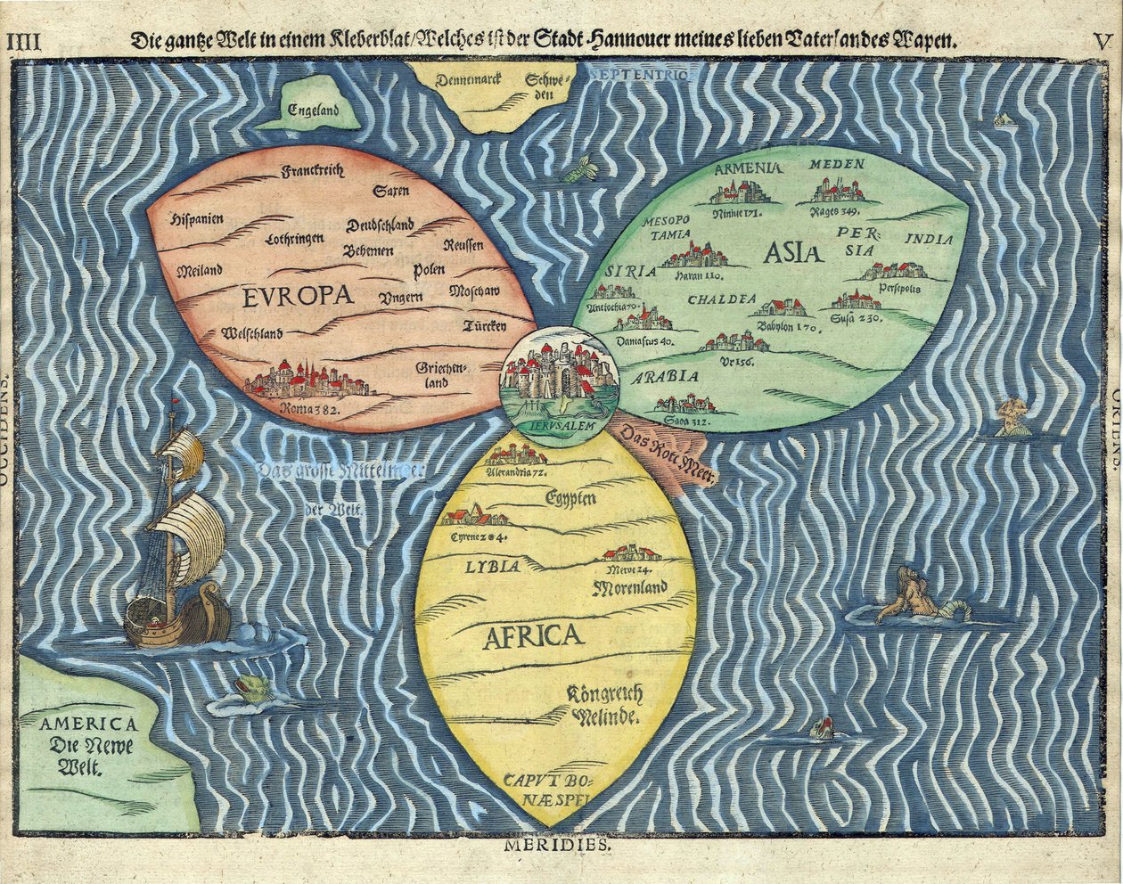De drie continenten met Jeruzalem in het midden van de wereld door Heinrich Buntig