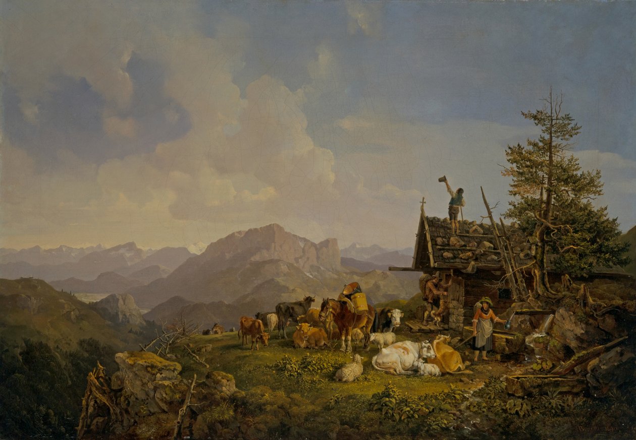 Landschap in Oberbayen met herders en hun vee rustend bij een hut door Heinrich Burkel