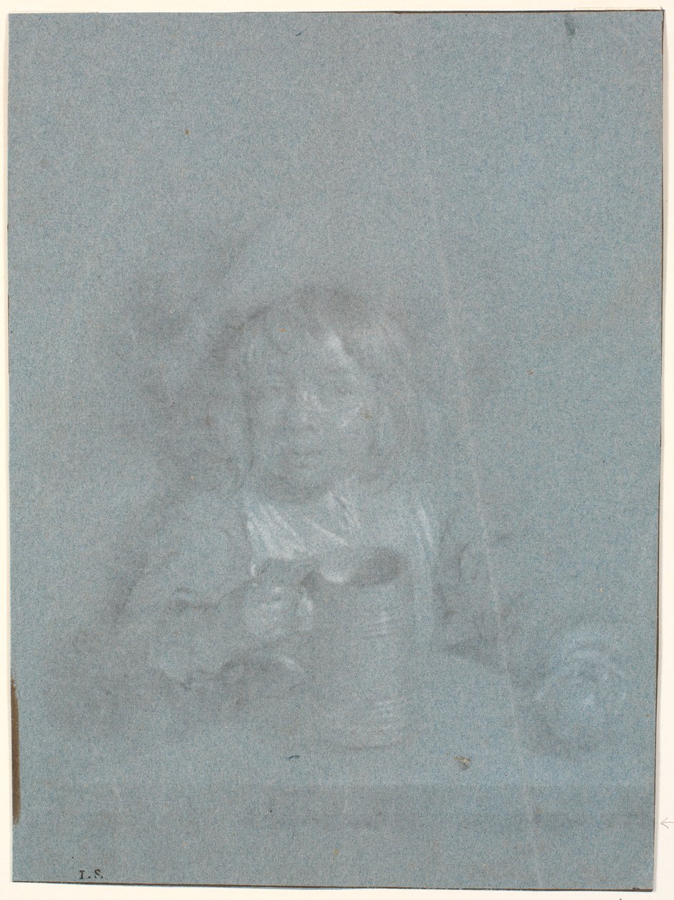 Een jongen aan een tafel met een appel en een beker in zijn handen door Heinrich Dittmers