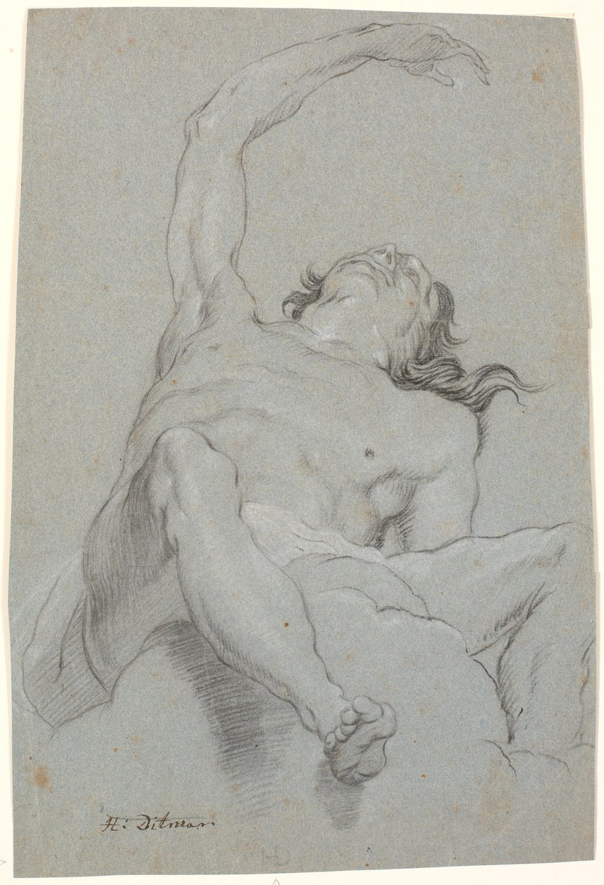 Naakte man, gezien "de sotto in su". Studie voor figuur in plafondschildering door Heinrich Dittmers