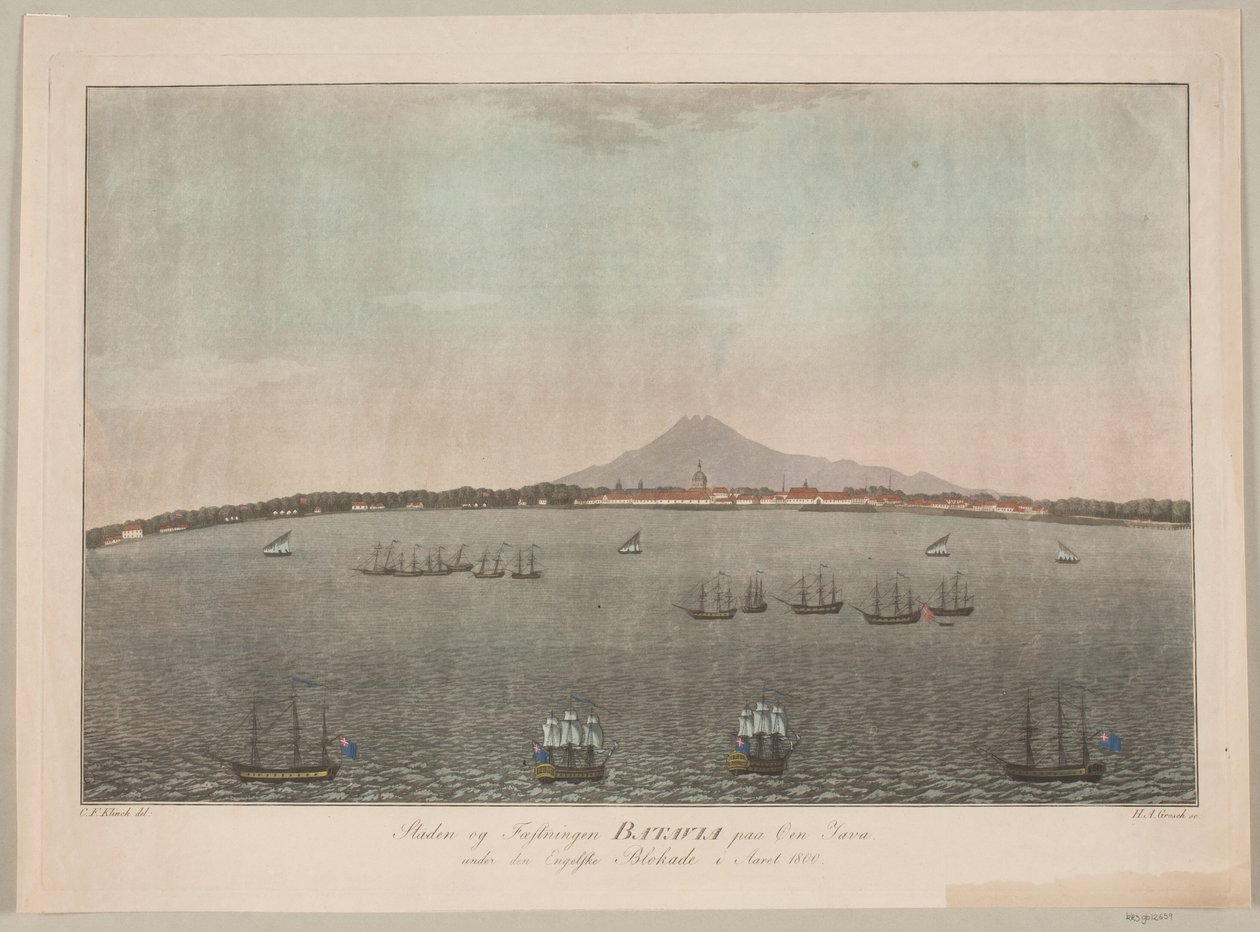 De stad en het fort Batavia op het eiland Java tijdens de Engelse blokkade in het jaar 1800 door Heinrich Grosch