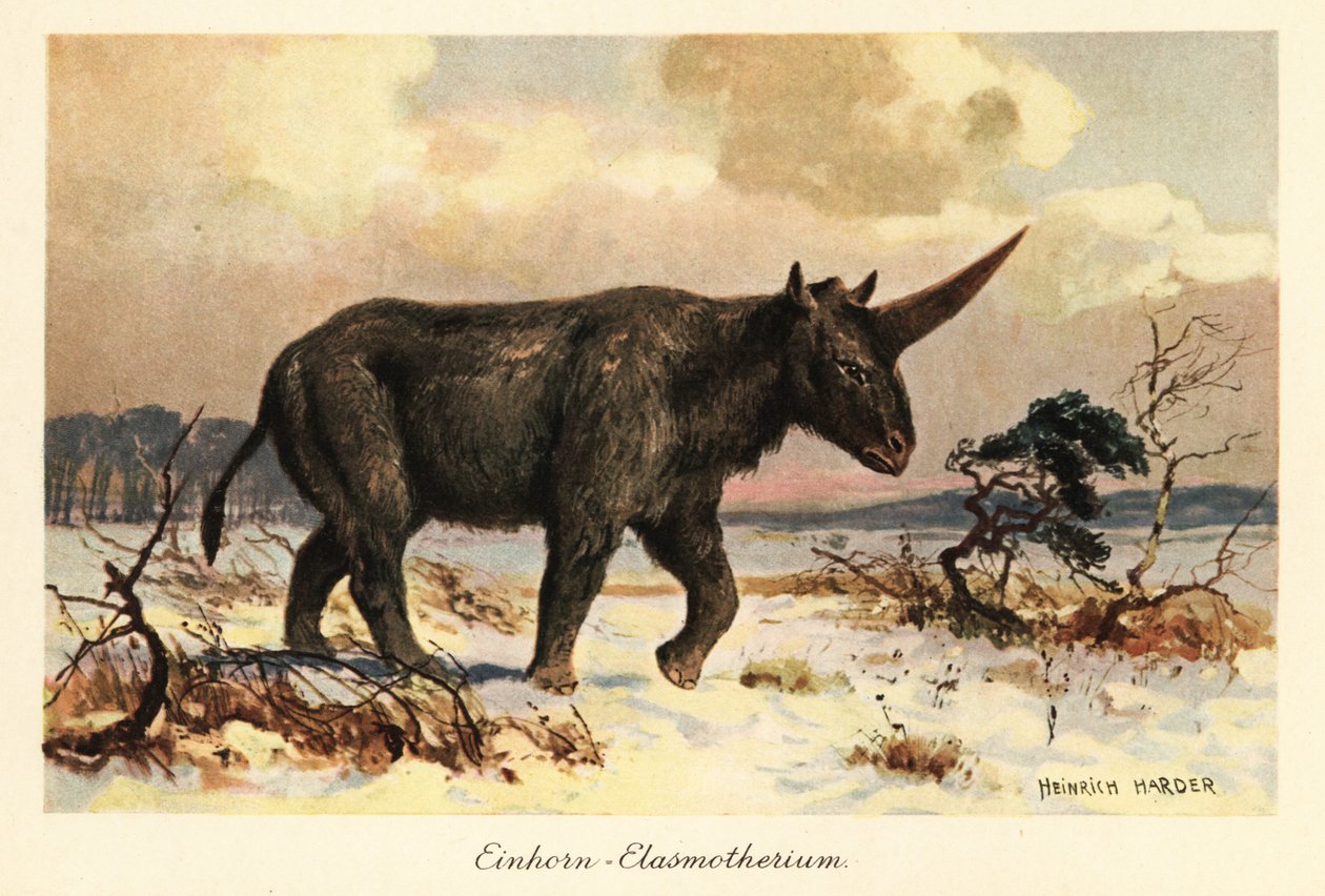 Siberische eenhoorn, Elasmotherium sibiricum, op een besneeuwde vlakte door Heinrich Harder