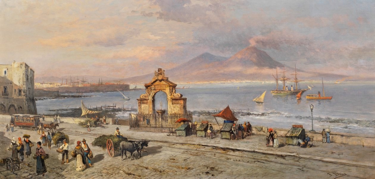 Heinrich Hiller - Gezicht op de Baai van Napels met de Vesuvius door Heinrich Hiller