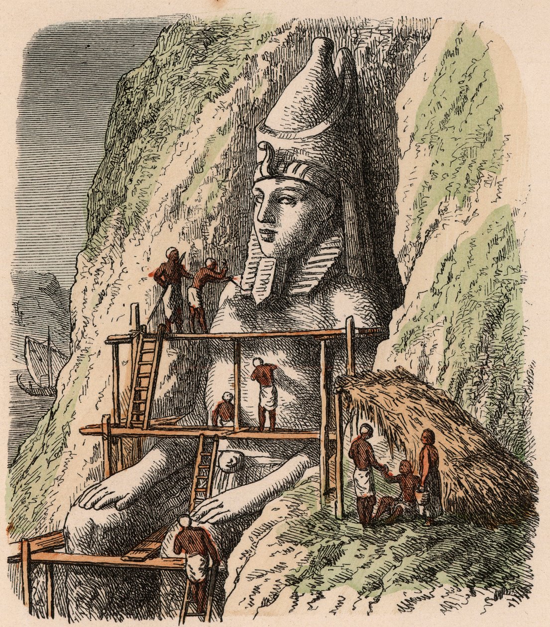 Oud Egypte: Beeldhouwwerk van een standbeeld van de Abu Simbel Tempel, 1866 door Heinrich Leutemann