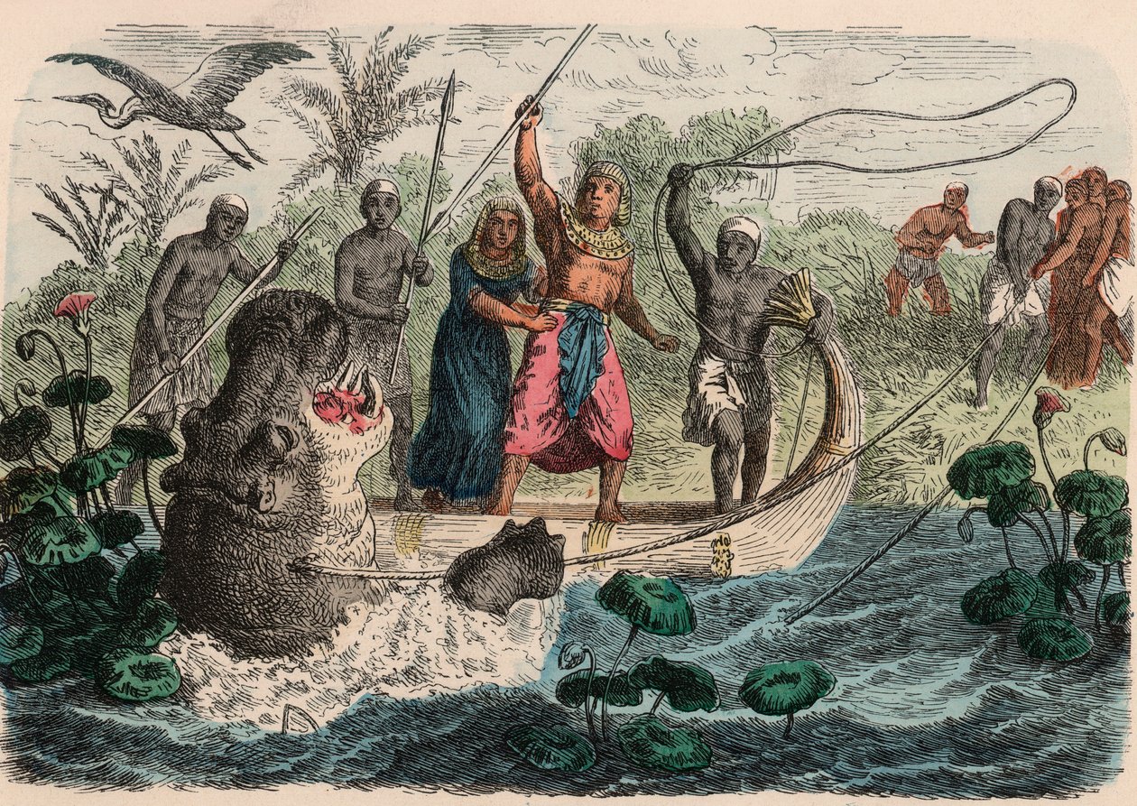 Oud Egypte: Farao jaagt op nijlpaard, 1866 door Heinrich Leutemann