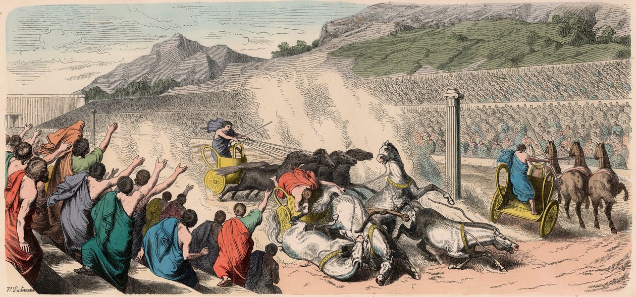 Oud Griekenland: Olympische Spelen - Vierspanwagenrennen in de Hippodroom door Heinrich Leutemann