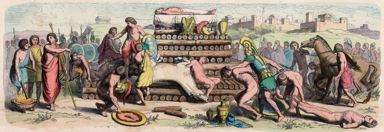 Archaïsche periode in Griekenland: crematie van een held met dier- en mensenoffers door Heinrich Leutemann