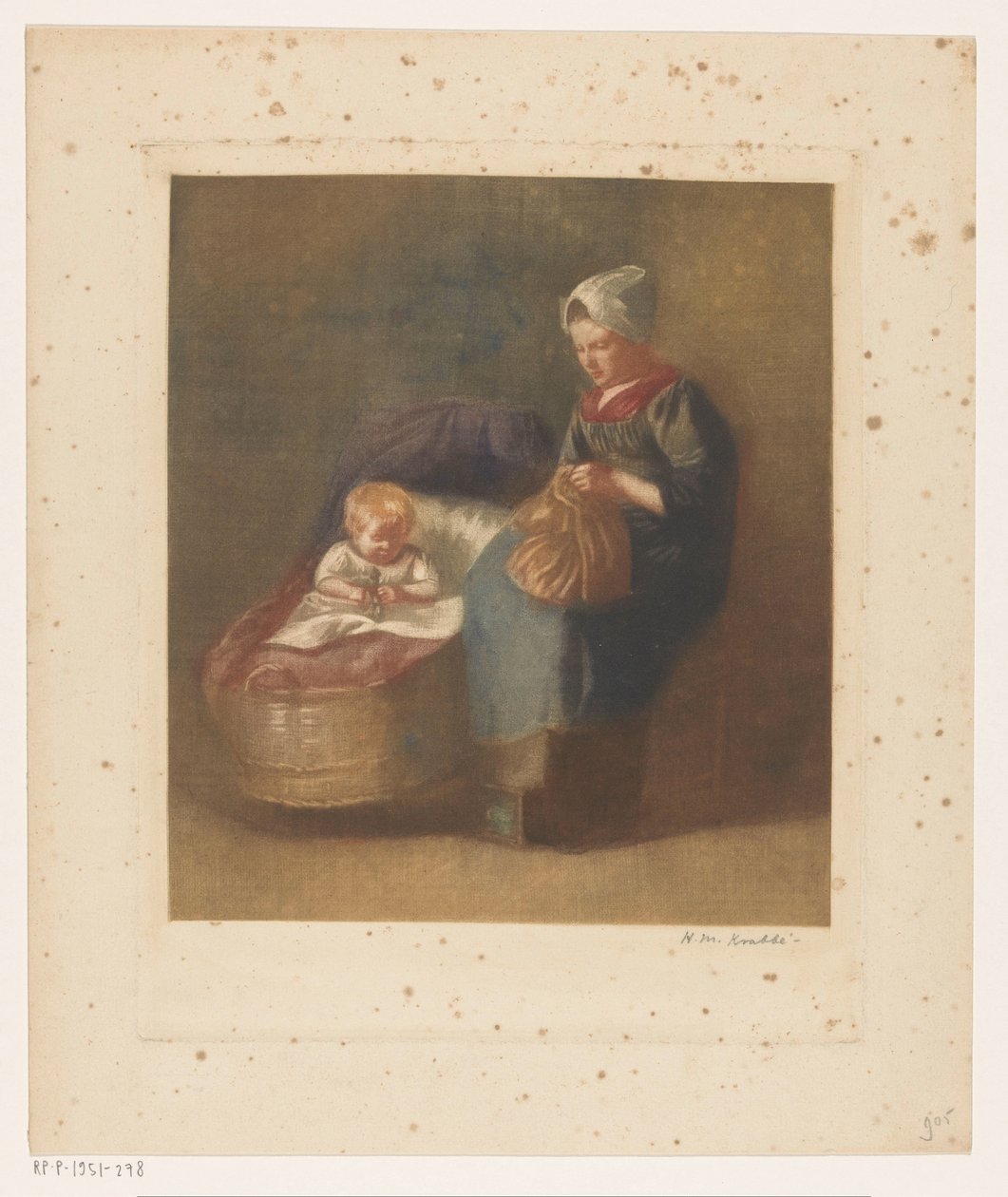 Handwerkende vrouw naast een kind een wieg door Heinrich M. Krabbé (signed by artist)