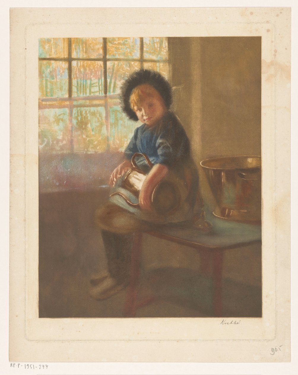 Meisje dat een koperen kan poetst door Heinrich M. Krabbé (signed by artist)