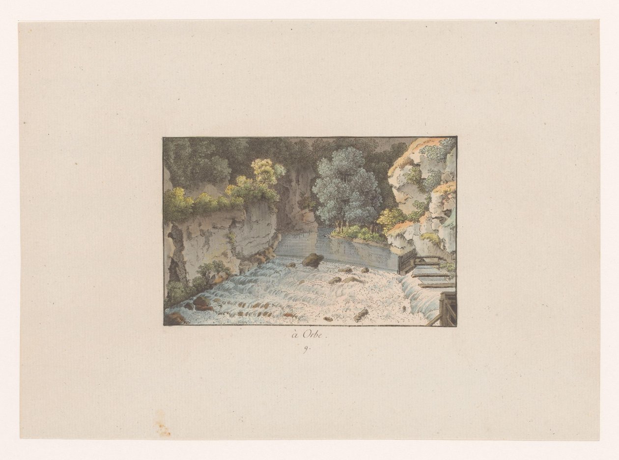 Gezicht op een waterval te Orbe door Heinrich Rieter