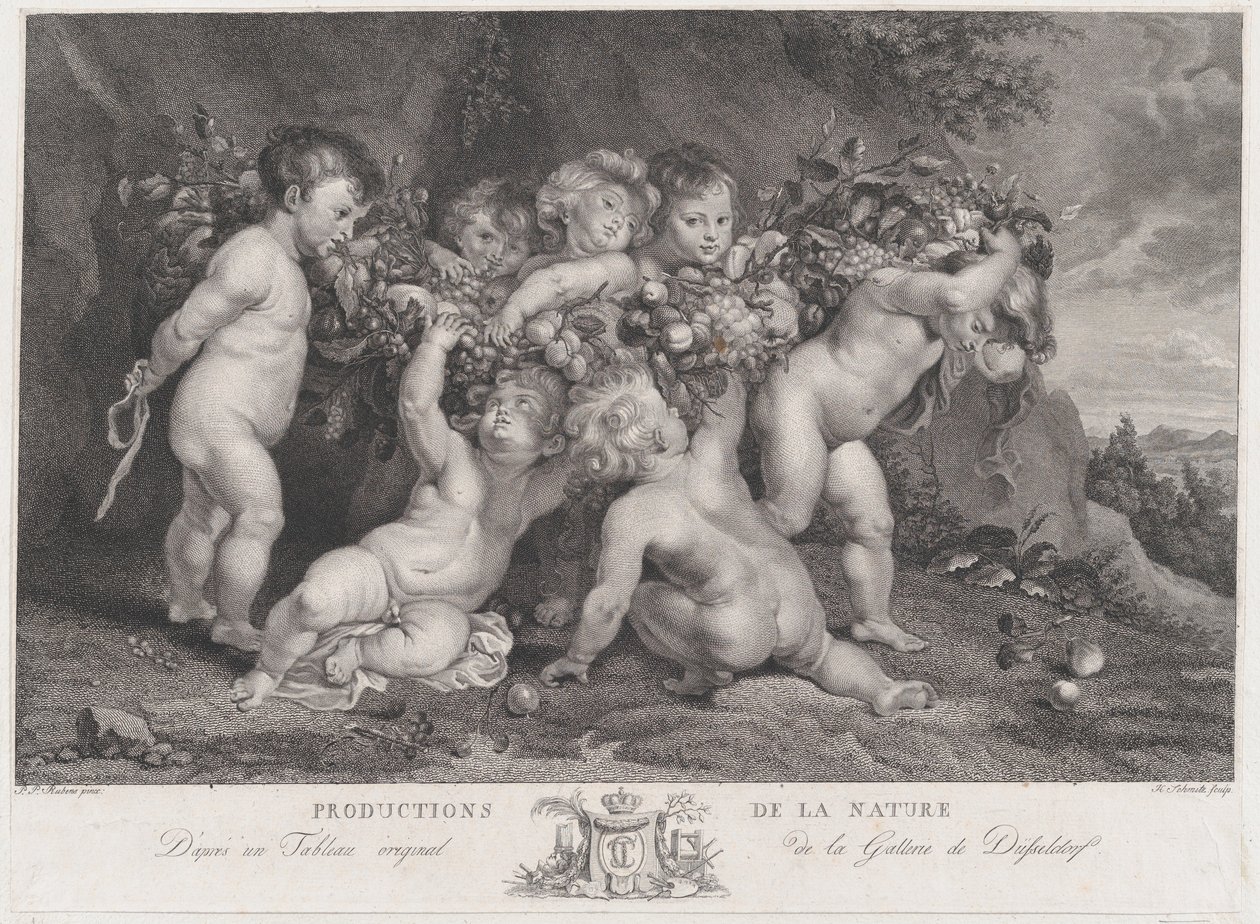 Zeven putti die een slinger van fruit dragen door Heinrich Schmitz