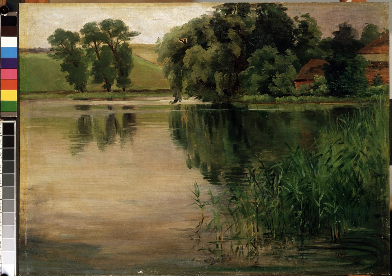 Bij een vijver. Schilderij van Heinrich Wilhelm Trubner (1851-1917) door Heinrich Wilhelm Trübner